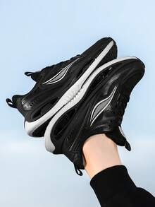 Men's Black Lace-Up Sports Shoes, Breathable Mesh Soft Sole, Non-Slip, Shock-Absorbing, Outdoor Fitness Workout Running Sneakers - Black - View 4