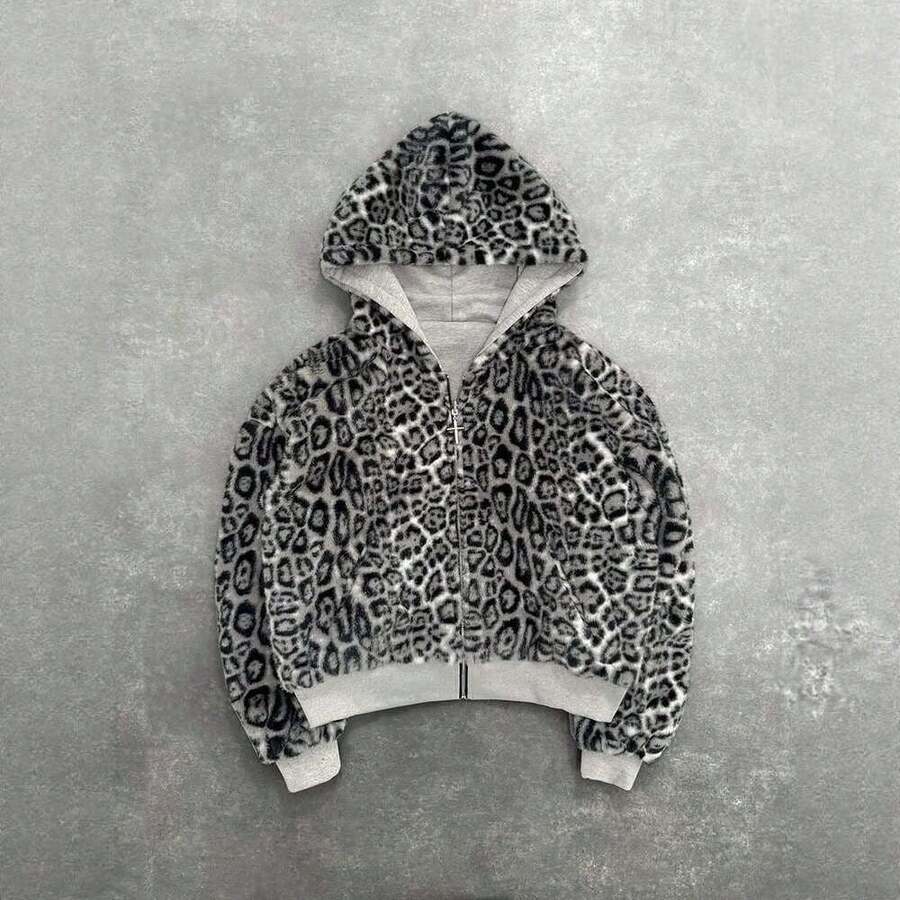 Reversible Hoodie, New Autumn And Winter Hoodie, Double-Sided Leopard Print Zipper Hoodie, Loose Personality Top  Casual    Polyester    Zipper  Pocket    Daily    Four Seasons - 白色 - 查看 1