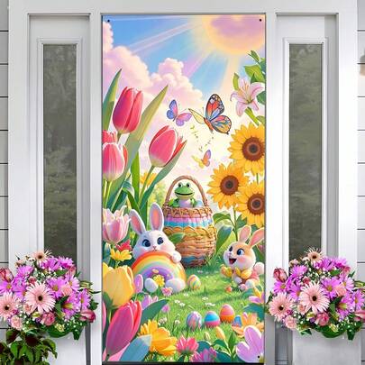 1 pieza (35*70 pulgadas/90*180 cm), material de poliéster, cortina de entrada, diseño de conejito de primavera jugando en el jardín con mariposas, cortina de entrada para fiesta de Pascua, decoración de fiesta de Pascua, huevos de Pascua de primavera, conejitos, cortina de entrada de Pascua