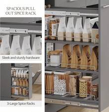 53" Rolling Kitchen Islands With Trash Can Storage, Kitchen Island Cart With 3-Tier Spice Rack, Island Table For Kitchen With Adjustable Shelves, Black/ White/ Blue/ Olive Green/ Mint Green/ Black & Marble/ Grey & Marble - Grey & Marble - 查看 5