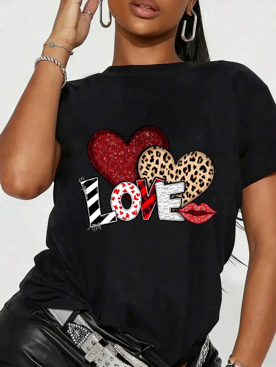 Fashion Valentine'S Day Heart Print T-Shirt, Short-Sleeved Crewneck Casual Top, Summer And Spring, Women'S Clothing - 黑色 - 查看 1