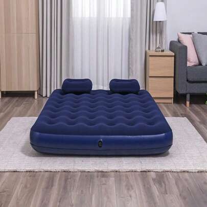 Colchón Inflable Queen Size Con Bomba Y Almohadas. Color Azul Marino