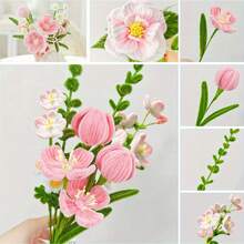 573件套紫粉色花束套装 - 包含400根4色雪尼尔绒条、150根珍珠黄花蕊、20根绿色花茎、1卷花艺胶带、1条丝带和1份视频教程 | 完整的DIY花卉制作套装，可用于礼品和艺术创作，包含工艺毛根花卉套装，是生日礼物、母亲节礼物、毕业礼物、情人节礼物、艺术手工用品以及艺术项目活动的理想之选 - 573pcs DIY Set - 查看 11