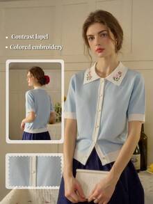 Simple Retro 女士春夏新款刺绣撞色彼得潘领纽扣优雅复古休闲开衫衬衫，温柔优雅，适合工作、面试等场合，法式时尚夏季上衣 - 藍色 - 查看 10