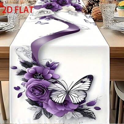 1pc Elegant Purple Floral Butterfly Table Runner With & Golden Accents - Luxury Wedding, Banquet, Party Decorations - Durable Polyester Fabric For Table, Or Floor Decoration - Romantic Floral Table Setting, Wedding Table Decor, Banquet Decoration