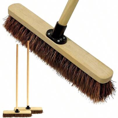 18'' Outdoor Broom With Long Wooden Handle Yard Brush With Natural Bassine Hard Bristles Heavy Duty Sweeping Brush For Garden And Driveway Cleaning
