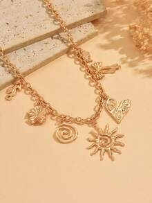 1件创意多元素吊坠项链，时尚百搭朋克风太阳、爱心、花朵装饰颈链，复古独特女士饰品，适合日常佩戴、约会、派对、音乐节等场合，链长可调节 - 彩色 - 查看 3