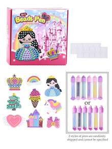 儿童DIY串珠笔手工套装，学习形状和颜色认知，创意公主串珠笔制作和贴纸艺术，女孩礼物，随机配件 - 彩色 - 查看 12