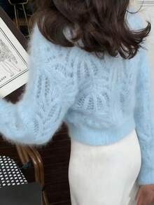 女款優雅針織開襟毛衣外套，透視蕾絲幾何圖案，前開鈕扣式，適合秋冬正式與休閒穿著，返校穿搭 - 天藍色 - 查看 2
