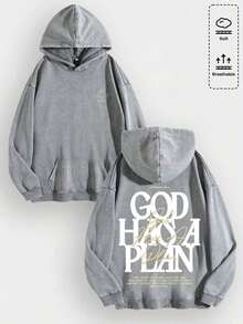 1pcsMen's Unisex "God Has His Plans - Faith Enlightenment" Printed Cotton Hoodie, Vintage Casual Fashion Daily Soft Warm Hoodie, Suitable For Streetwear And Spiritual Aesthetic Enthusiasts, Men's Winter Clothing - 灰色 - 查看 1