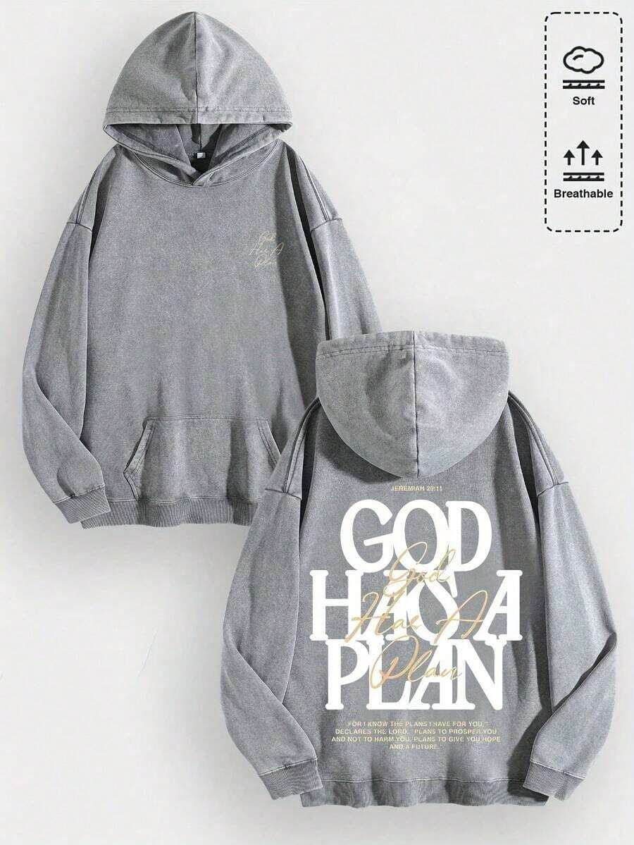 1pcsMen's Unisex "God Has His Plans - Faith Enlightenment" Printed Cotton Hoodie, Vintage Casual Fashion Daily Soft Warm Hoodie, Suitable For Streetwear And Spiritual Aesthetic Enthusiasts, Men's Winter Clothing - 灰色 - 查看 1