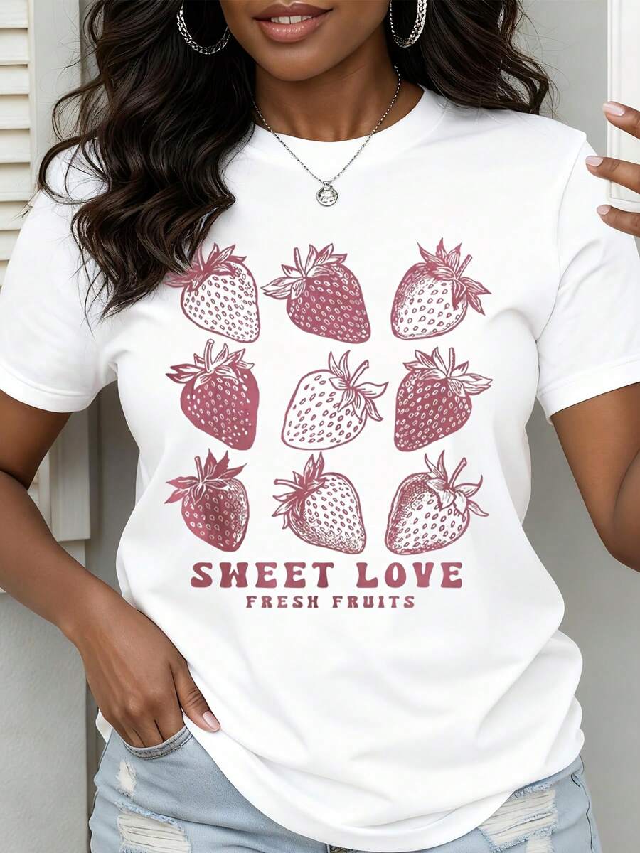 Strawberry Print T-Shirt White Sweet Love Fresh Fruits Graphic Tee Women Casual Summer Outfit Top - 白色 - 查看 1