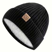 Men's Retro Winter Knit Hat - Thickened Fleece-Lined Earmuffs For Warmth, Navy Blue/White/Patterned Patches, Soft And Fluffy Lining - Durable Beanie For Winter Fitness, Outdoor And Everyday Use, Hand Washable, Comfortable Design, Reinforced Stitching Stripes, Casual Sports Headwear, Retro Style, Suitable For Outdoor Enthusiasts - 黑色 - 查看 1