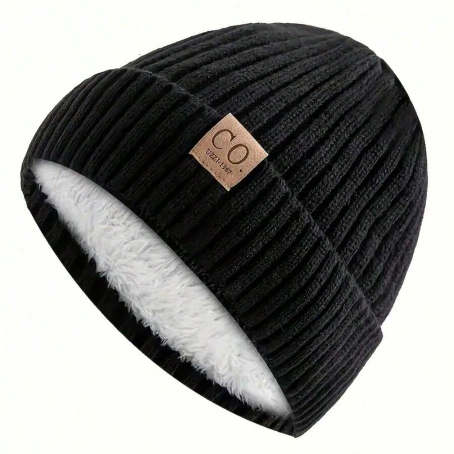Men's Retro Winter Knit Hat - Thickened Fleece-Lined Earmuffs For Warmth, Navy Blue/White/Patterned Patches, Soft And Fluffy Lining - Durable Beanie For Winter Fitness, Outdoor And Everyday Use, Hand Washable, Comfortable Design, Reinforced Stitching Stripes, Casual Sports Headwear, Retro Style, Suitable For Outdoor Enthusiasts - 黑色 - 查看 1