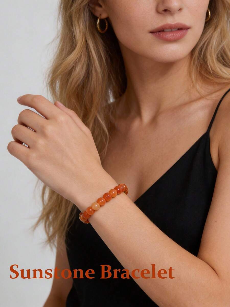 橙色太阳石水晶手链 - 天然太阳石宝石弹力手链，具有灵性疗愈、缓解焦虑和压力、瑜伽、脉轮等功效，男女皆宜。