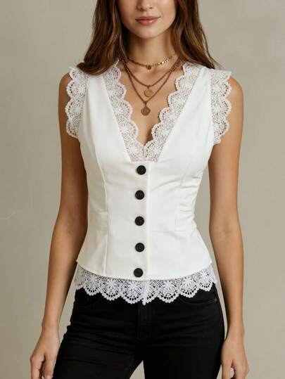 Women's Summer Solid Color Contrast Lace Front Button Camisole Casual White