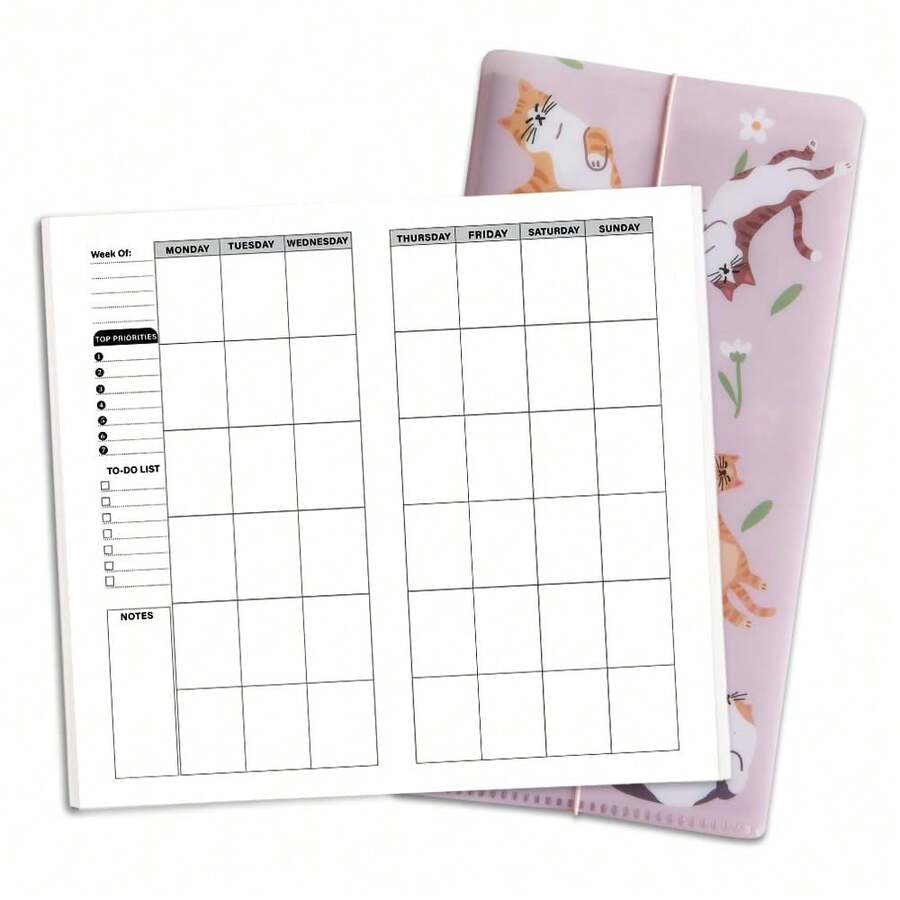 Travelers Notebook Inserts With PVC Sleeve,Undated Weekly Planner,Weekly To Do List Notepad,30 Sheets,8.25\ X 4.25\,Pocket Notebook For Journals,Dis,Planners,Pink Cat - PinkCatPVCSleeveHolder & WeeklyPlanNotebook - View 1