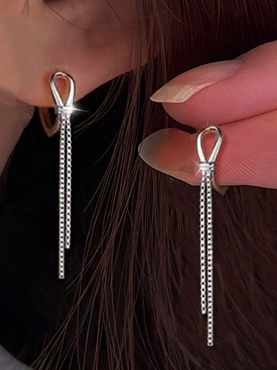 1 Pair S925 Sterling Silver Personalized Knotted Long Tassel Earrings, Elegant Mori Style Versatile Earrings, Minimalist Unique Earline Design Jewelry Gift