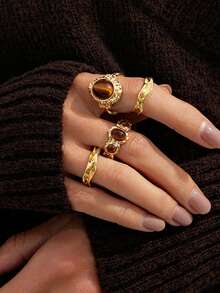 4pcs/Set Bohemian Geometric Asymmetrical Faux Gemstone Inlaid Fashion Open Rings, Luxurious Elegant Casual, Party, Date, Women's Holiday Birthday Versatile Jewelry Gift - Ring - View 2