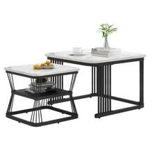 (N625P173136Z) Set Of 2 Modern Side Tables, MDF With Marble Look, Steel Tube White High Gloss Black, 2 Tables Measuring 65x65x45 Cm And 45x45x39.5 Cm - White - View 6