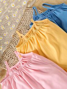 3件套女婴夏季雏菊刺绣吊带连体衣套装，蓝/黄/粉，可爱宽松背带连体裤 - 彩色 - 查看 4