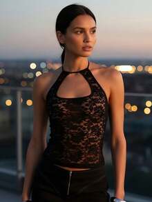 Women Sheer Lace Halter Tops Slim Fit Flower Sleeveless Open Back Crop Shirts  Summer Streetwear - màu đen - Xem 5