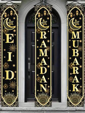 3pcs Ramadan And Eid Mubarak Decorative Banners - Black And Gold, Ideal For Decorating Front Door Or Porch, Islamic Ramadan Party Supplies