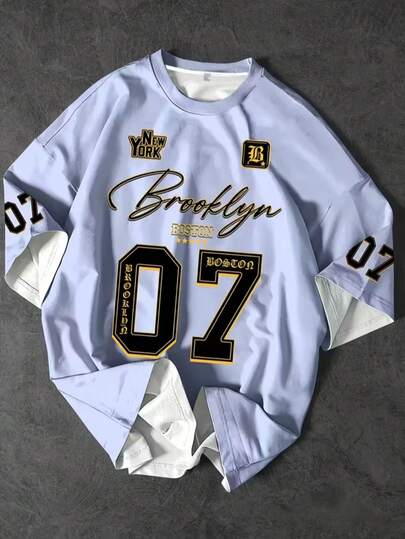 Men's Brooklyn 07 Graphic Print Summer T-Shirt - Casual Loose Short-Sleeved Graphic Collar Top, Bold Letter And Number Design, Machine Washable, Street Style, Comfortable For Everyday Wear, Durable And Versatile, Streetwear.