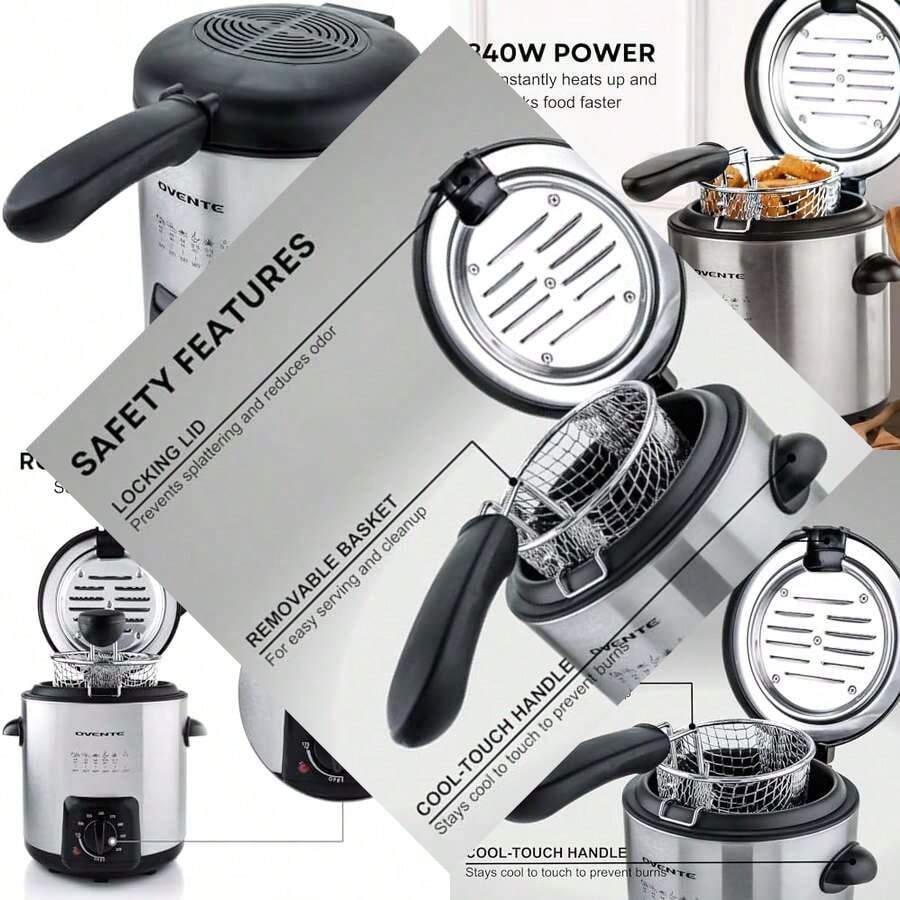 Mini Deep Fryer for Personal Use with Removable Basket Stainless Steel Adjustable Temperature Control Non-Stick Interior Nickel Brushed - Plateado - Ver 1