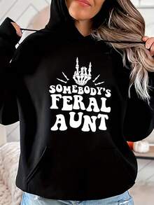 1pc Chic Hooded Sweatshirt For Women, Long Sleeve Pullover With Pocket, Cotton Blend Lining, Geometric & Alphabet Pattern, Halloween Themed Somebody'S  Aunt Slogan Print, Regular Fit - All Seasons - màu đen - Xem 1
