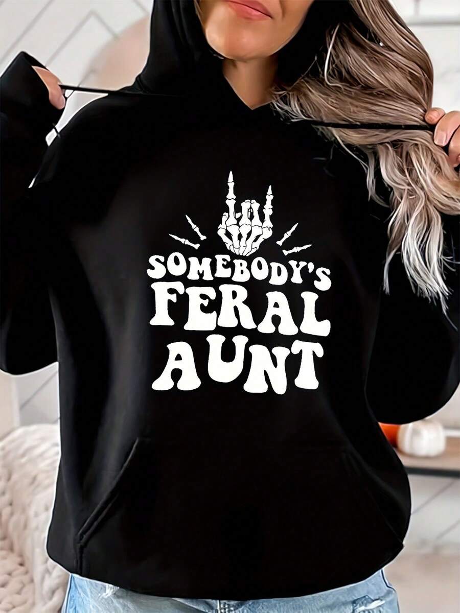 1pc Chic Hooded Sweatshirt For Women, Long Sleeve Pullover With Pocket, Cotton Blend Lining, Geometric & Alphabet Pattern, Halloween Themed Somebody'S  Aunt Slogan Print, Regular Fit - All Seasons - màu đen - Xem 1