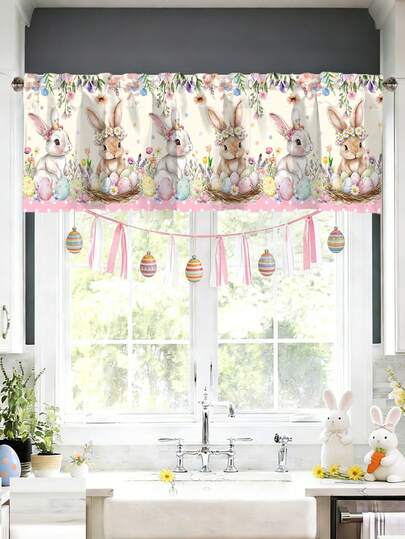 1 pieza, Cenefa de cortina de Pascua de primavera, 45*140cm Cenefa de poliéster para cocina, Cortina corta con bolsillo para barra con diseño de conejos, flores y huevos de Pascua, Decoraciones de Pascua para el hogar, Tratamientos de ventana estilo granja para dormitorio, baño, sala de estar, Decoración festiva de Pascua de primavera, Adornos de Pascua