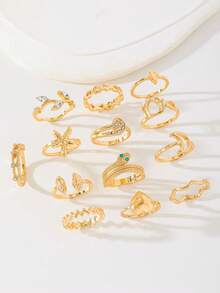Boho Chic 13-Piece Ring Set - Nature-Inspired Design For Beach & Festival Vibes - Gold - View 2