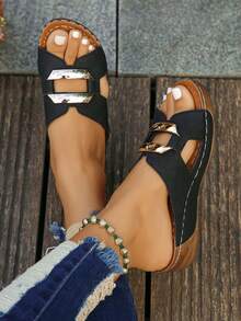 Women's Brown Leopard Print Color Block Symmetrical Perforated Round Toe Platform Wedge Sandals, Stylish Slip-On Casual Outdoor Slippers For Summer, Black Patterned Design - Màu đen mờ - Xem 6