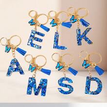 1个蓝色字母钥匙扣，可爱蝴蝶树脂钥匙链，适用于包包、背包、车钥匙，女士日常礼物 - 藍色 - 查看 1