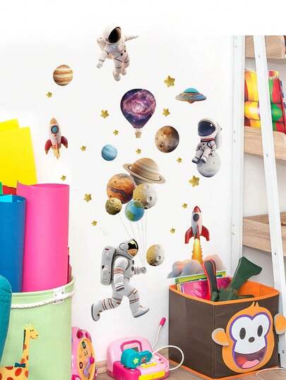 1pc/2pcs Cartoon Astronaut, Planet, Space, Universe Decorative Wall Stickers, PVC Self-Adhesive Removable, Suitable For Bedroom, Living Room, Nursery, Study, Dining Room, Home Wall Decor, Room Decoration