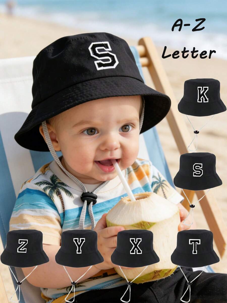 1顶A-Z字母印花遮阳帽，男女童通用，宽檐户外防紫外线帽，带下巴系带 - 黑色 - 查看 1