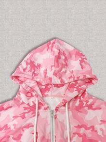 : Pink Camo Print Zip Up Crop Hoodie & Drawstring Sweatpants Set Y2K Streetwear,Women's 2pcs Casual Camouflage Pattern Hooded Jacket & Pants Co-Ords Sporty Outfits,Hot Pink Camo Zipper Front Crop Top And Joggers Set Preppy Style Thermal Fall Winter - Watermelon Pink - View 3