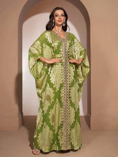 YISIKADO Women's Elegant Chiffon Jacquard Long Sleeve V-Neck Dress, Suitable For Birthday Party, Wedding Guest, Banquet, Evening Party, Graduation Ceremony, Celebration And Other Occasions Spring