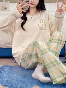 女士两件套睡衣套装，韩式休闲睡衣，可爱兔子印花上衣，条纹印花七分裤，配套睡衣，家居服 - 香檳色 - 查看 9