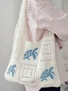 Valentine's Day Women's Summer Beach Tote Bag - Crochet Design With Sea Turtle Pattern, Large Capacity Open-Top Tote, Beige Polyester, Suitable For Casual Outings And Coastal Vacations, Beach Tote Bag, Travel Accessory, Bohemian Fashion, Woven Texture, Spacious Tote Bag, Essential For Vacation, Ideal For Work, Back To School , Bohemian Outfit For Women - 彩色 - 查看 4