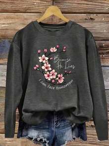 Women'S Long Sleeve T-Shirt - Soft Everyday Christian Faith-Based Top With "Because He Lives I Can Face Tomorrow" Bible Verse, Dark Grey & Pink Floral Graphic Tee For Church, Casual Outfits - All-Season Comfort Fit Shirt, Church Clothes, Faithinspired Clothing, Round Neckline Shirt, Skinfriendly Fabric, Comfortable Fit, Spring Summer Top, Geometric Print, Lightweight Material, Faithinspired - 灰色 - 查看 12