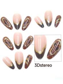 24pcs Brown Leopard Almond Shaped 3D Gold Metallic French False Nails, Suitable For Birthday Party, Comes With Jelly Gel And File, Reusable - Brown - View 2