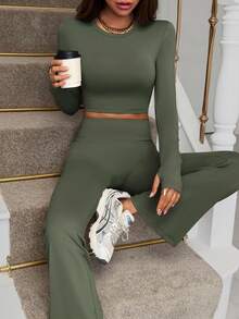 Vaiaye Damen 2-teiliges Set, Y2K Lässig Loungewear, Outdoor Sport, Yoga, Formwäsche, einfarbiger gestrickter Rundhals-Langarmoberteil und figurformende enge Hose. Geeignet für Valentinstag, Karnevals-Party-Outfits - Grün - Übersicht 11