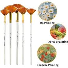 New 5 Pcs Fan Paint Brush Set, Watercolor Paint Brushwith Long Wood HandlAnti-Sh Nylon Hair Painting Brush For Acrylic Painting, Oil Watercolor Painting - White - View 6