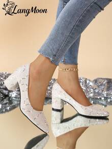 LangMoon 2026 新款香槟色亮片粗跟高跟鞋 - 舒适百搭的性感设计，闪亮亮片在 上闪耀，尽显性感欧式风情，适合派对、聚会、夜生活和休闲时尚装扮，优质柔软鞋垫，不勒脚，女士高跟鞋，是婚礼季和各种节日的理想之选。 - 米色 - 查看 6