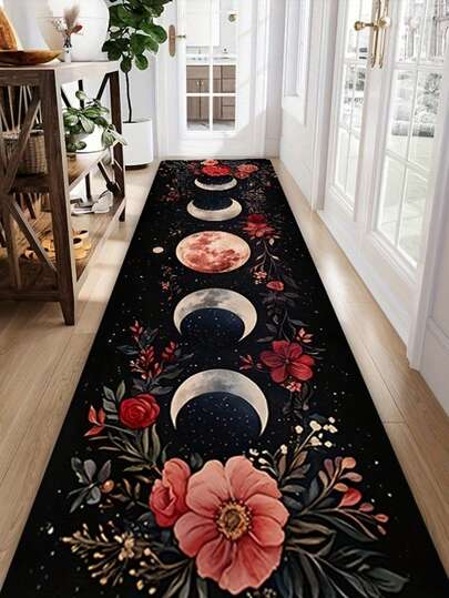 1 件装走廊地毯，饰有月亮、星空和花卉图案，非常适合铺设在入口、洗衣房、走廊、卧室、厨房等硬木地板上，可作房间装饰，也可作厨房地垫 - 室内四季家居装饰，时尚长款地垫，可水洗且防滑，非常适合用作走廊地毯。