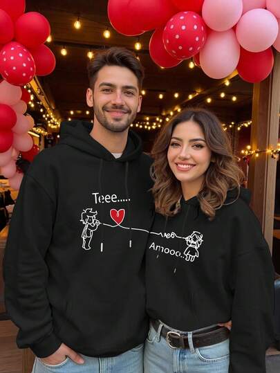 Nuevo conjunto de pareja, regalo para pareja, gran regalo para novio y novia, sudadera con capucha y bolsillo forrada de felpa, sudadera casual diaria con estampado de patrón de dibujo animado, parte superior con patrón frontal