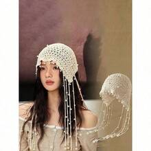 1pc Women's Handmade Crochet Hollow Out Beanie Hat, Lightweight Knitted Tassel Decor Cap, Fashion Headwear For Summer Sun Protection, Boho Style, Suitable For Mother And Daughter, Women Vacation, Halloween - 彩色 - 查看 3