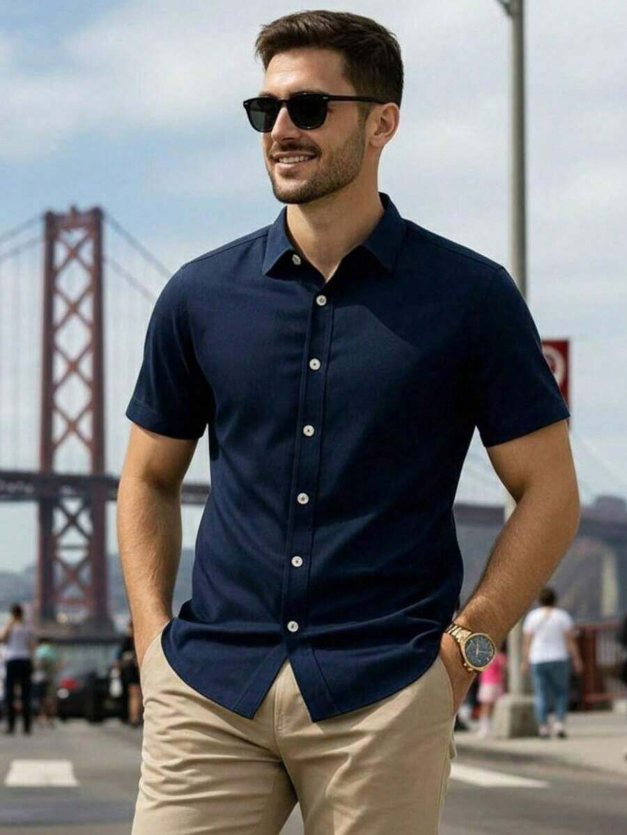 Short-Sleeved, Slim-Fit Casual Shirt With Italian Collar And Italian Collar. - 藏蓝色 - 查看 1